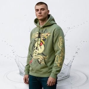 Ed Hardy Men's Skull Dagger Graphic Streetwear Hoodie Sz Medium Olive Green NWT